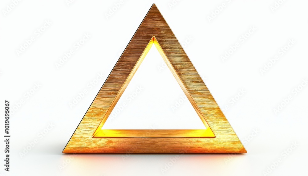 A golden triangular frame with a hollow center, illuminated from within, creating a striking geometric design. A golden triangular frame with a hollow center, illuminated from within, creating a striking geometric design.