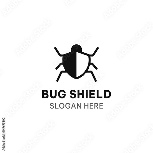 Bug shield logo template in simple flat style. Creative vector illustration