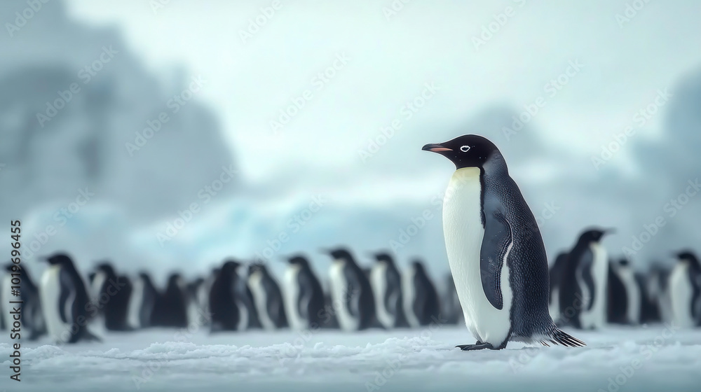 Fototapeta premium Group of king penguins coming back together from sea to beach with waves in the background