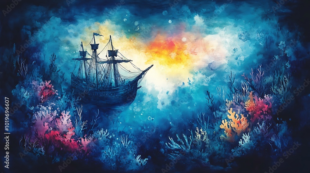 Fototapeta premium Underwater Watercolor Scene with Ship and Coral
