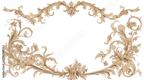 Illustration of floral frame in baroque style on white background 