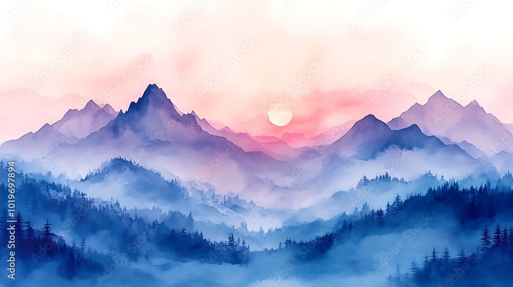 Misty Ethereal Watercolor Landscape at Sunrise Misty Ethereal Watercolor Landscape at Sunrise