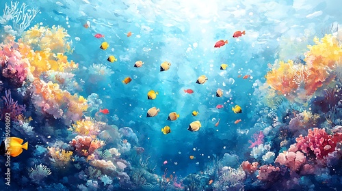 Colorful Underwater Watercolor Scene with Marine Life