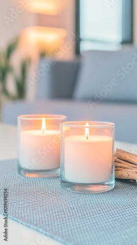 Two candles burning brightly on a blue placemat, creating a calming atmosphere.