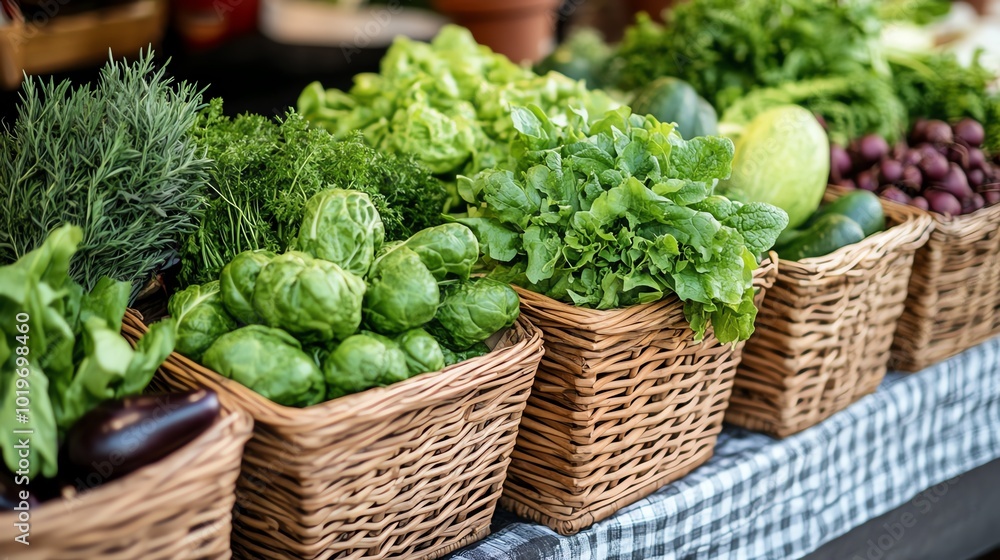Farmers market basket filled with organic vegetables, vibrant greens, and herbs, clean foods, organic and healthy lifestyle Farmers market basket filled with organic vegetables, vibrant greens, and herbs, clean foods, organic and healthy lifestyle
