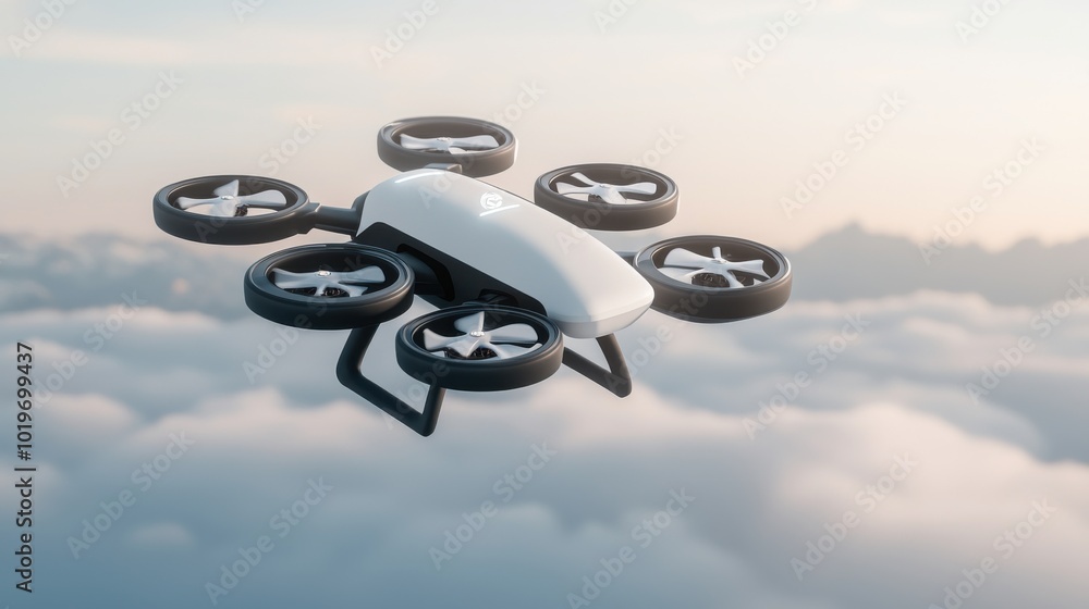 Drone flying over clouds, modern technology in the sky Drone flying over clouds, modern technology in the sky