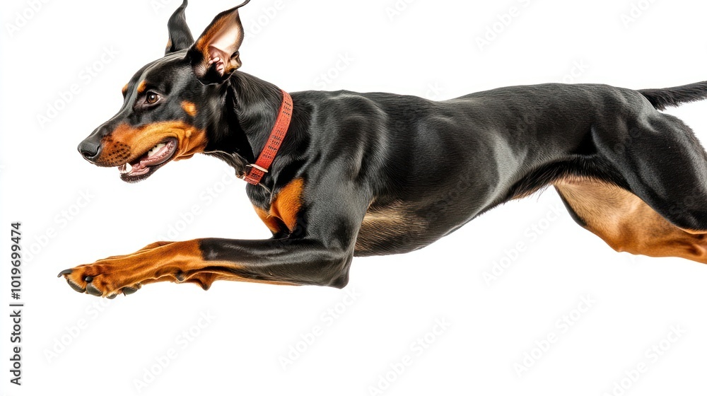 A dynamic image of a Doberman in mid-leap, showcasing agility and energy. A dynamic image of a Doberman in mid-leap, showcasing agility and energy.