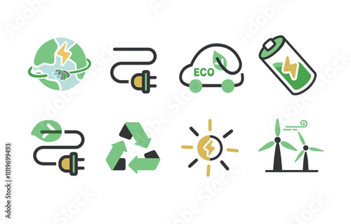A set of green energy technology, editable, vector icons that includes wind power, solar energy, sustainable living, and eco-friendly batteries.