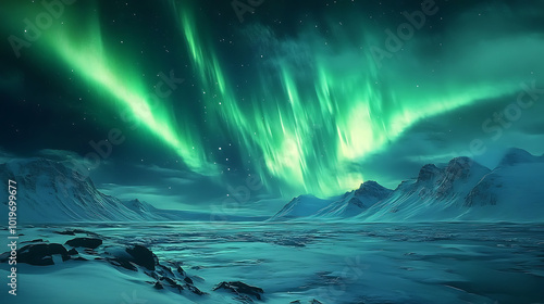 The majestic green aurora borealis illuminates a tranquil snowy landscape, casting a dreamlike glow over the icy terrain. photo