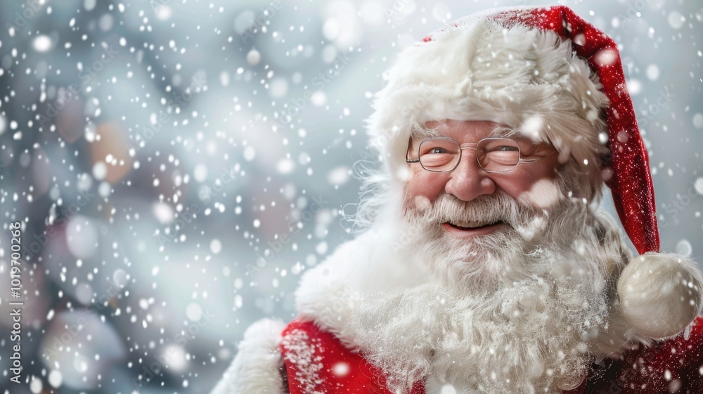 Santa Claus smiling in snowy winter wonderland, Christmas holiday cheer concept Santa Claus smiling in snowy winter wonderland, Christmas holiday cheer concept