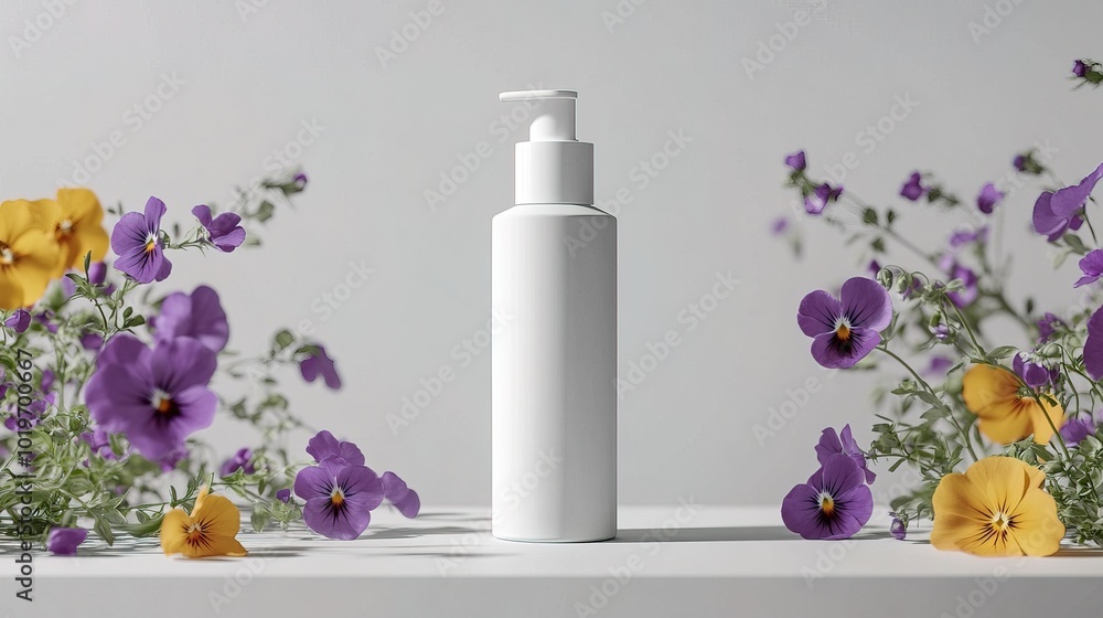 White squeeze bottle for cosmetic cream and pansy flowers White squeeze bottle for cosmetic cream and pansy flowers