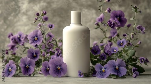 White squeeze bottle for cosmetic cream and pansy flowers