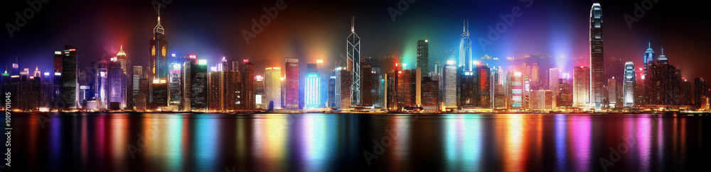 Obraz premium Neon Cityscape: A vibrant panorama of a modern city skyline at night, ablaze with colorful lights reflecting in the water. The image evokes a sense of urban energy, progress, and possibility.