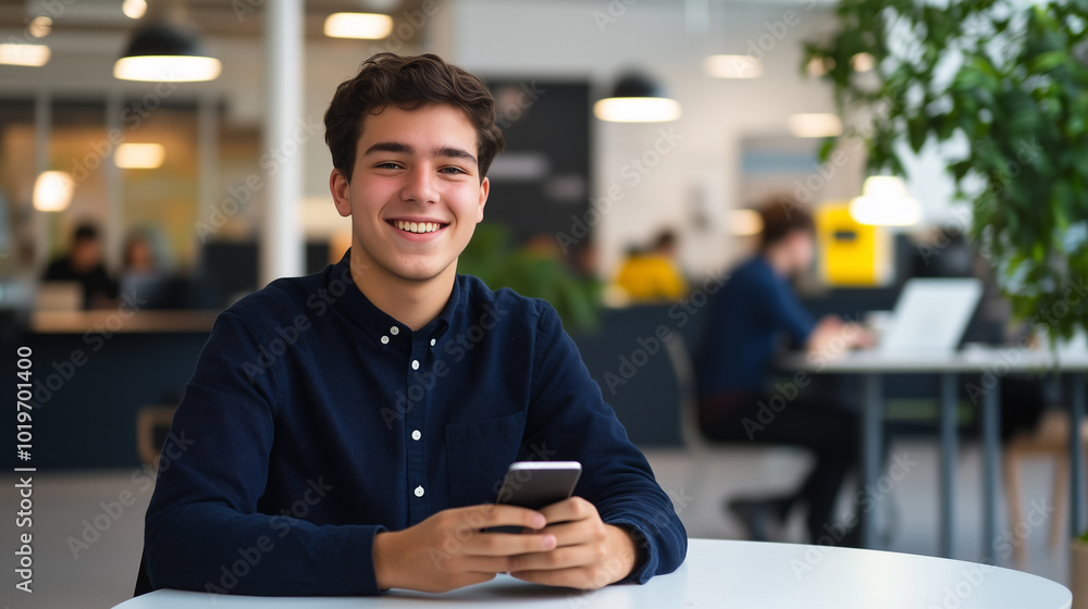 Fototapeta premium 20s Hispanic young man, intern, using a mobile phone at work, sitting at a desk and looking at the camera with a positive attitude, wearing a blue shirt.