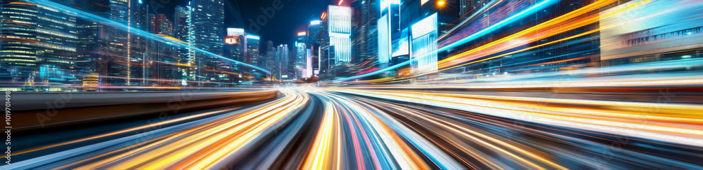 Obraz premium City Lights, Blurred Motion: A captivating long exposure shot of a city's vibrant street at night, showcasing a mesmerizing blur of light trails as vehicles speed by.