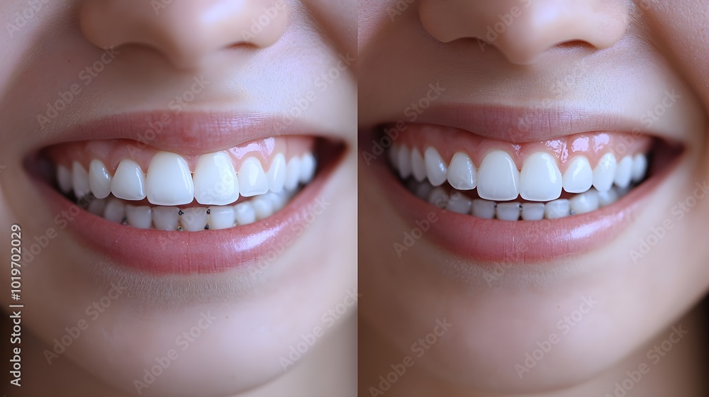 Fototapeta premium Orthodontic progress comparison, featuring detailed smile symmetry enhancement and bite correction, before and after treatment completion