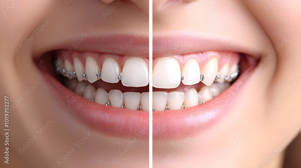 Fototapeta premium Visual comparison of orthodontic treatment, showing detailed improvements in smile symmetry and correct bite alignment, before and after