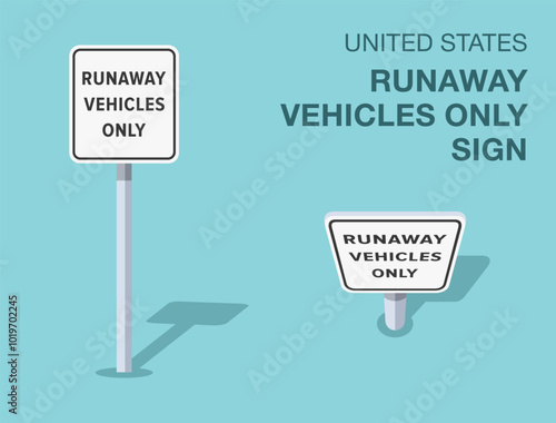 Traffic regulation rules. Isolated United States "runaway vehicles only" road sign. Front and top view. Flat vector illustration template.
