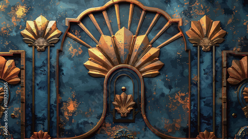 Luxury iron gate with forged elements on blue wall. 3D rendering