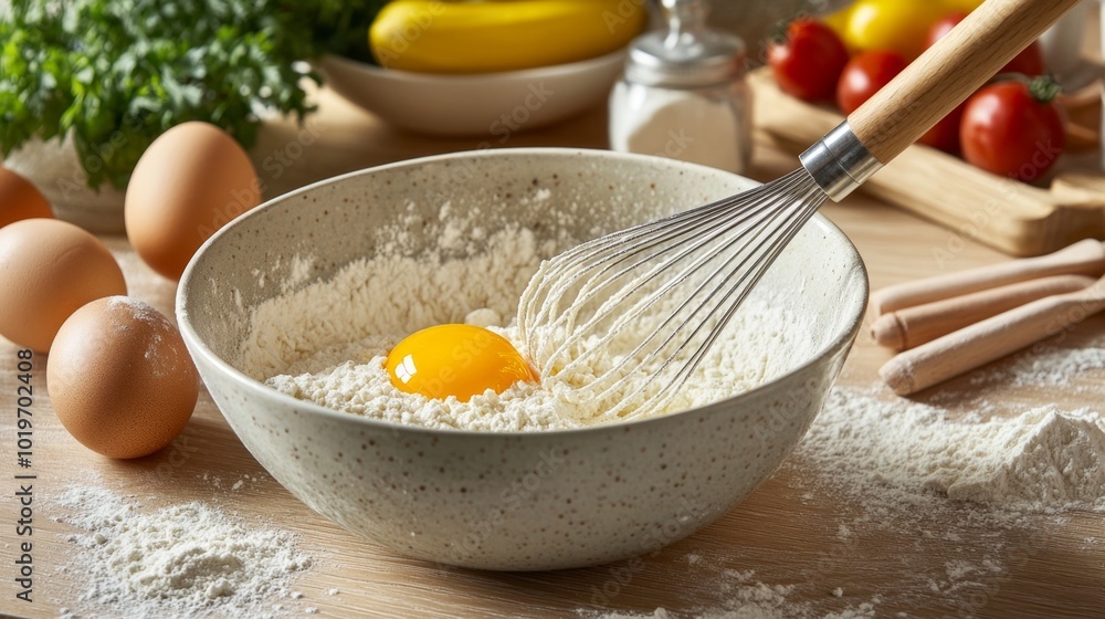 Whisking Fresh Organic Eggs in Rustic Kitchen with Vegetables and Flour on Wooden Table Whisking Fresh Organic Eggs in Rustic Kitchen with Vegetables and Flour on Wooden Table
