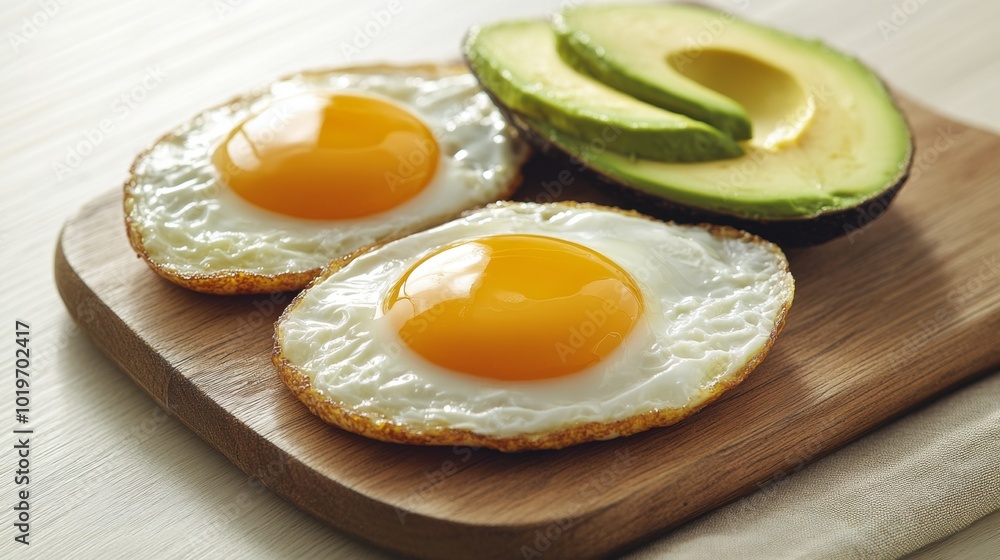 Fresh Organic Breakfast: Sunny-side-up Eggs and Avocado on Wooden Board Fresh Organic Breakfast: Sunny-side-up Eggs and Avocado on Wooden Board