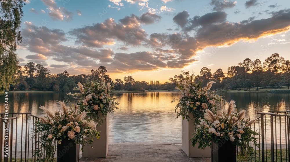 Naklejka premium Scenic lakeside view with floral arrangements at sunset, perfect for events.