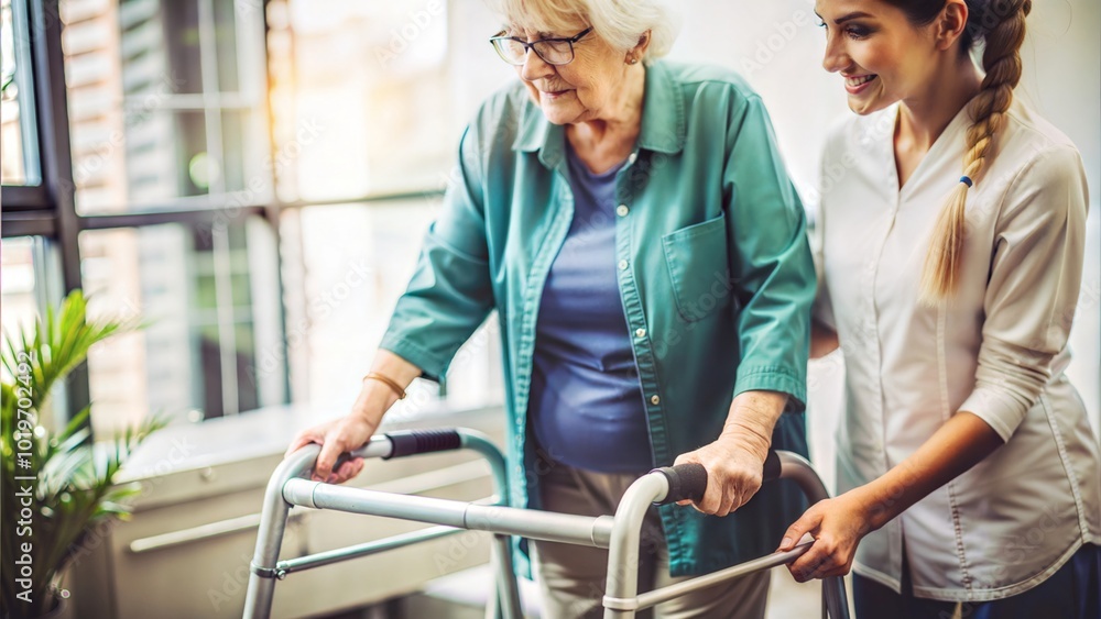 Fototapeta premium Assisting Senior Patient Using a Walker for Support