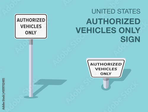 Traffic regulation rules. Isolated United States "authorized vehicles only" road sign. Front and top view. Flat vector illustration template.