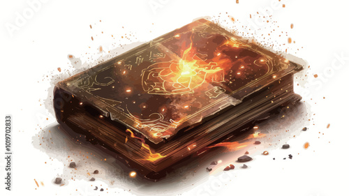 Magic book with fire on white background, 3d rendering. Computer digital drawing 