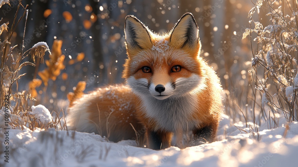 Fototapeta premium A fox in a snowy landscape, illuminated by soft sunlight.
