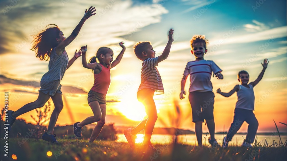 Fototapeta premium Silhouette of Children Playing During a Happy Summer Sunset
