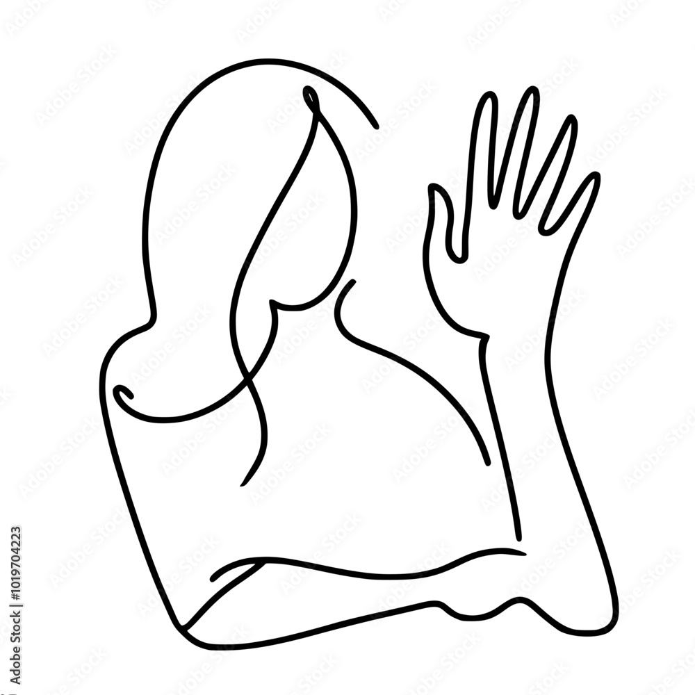 Single line vector drawing of a female figure in an abstract and minimalist style, with her hand raised up in greeting Single line vector drawing of a female figure in an abstract and minimalist style, with her hand raised up in greeting