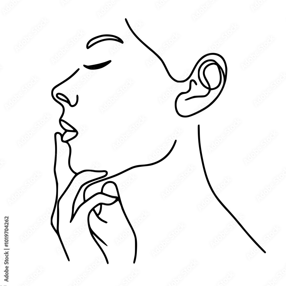 Linear vector contour drawing of a woman's face in profile, the woman put her finger to her lips Linear vector contour drawing of a woman's face in profile, the woman put her finger to her lips