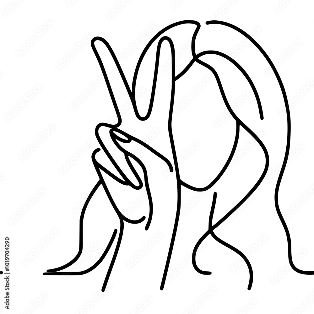 Single line vector drawing of a female figure in an abstract and minimalistic style, with her hand raised up with two fingers as a peace sign Single line vector drawing of a female figure in an abstract and minimalistic style, with her hand raised up with two fingers as a peace sign