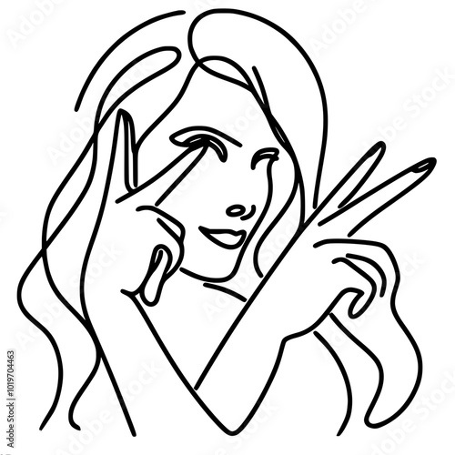 single line vector drawing of a woman with crossed arms and showing peace gesture with fingers