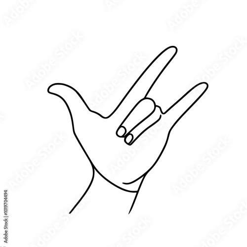 single line vector drawing of an outline hand showing the "I love you" gesture in sign language (ASL). Black lines on a light background