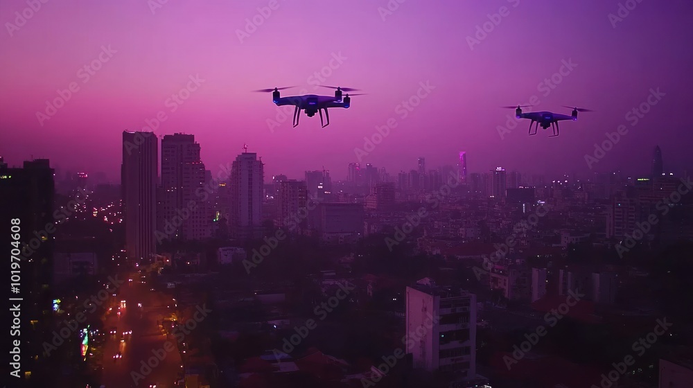 Drones flying over a cityscape during twilight, showcasing urban technology and innovation. Drones flying over a cityscape during twilight, showcasing urban technology and innovation.