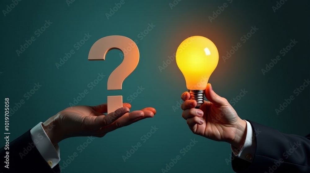 Businessman Holding Question Mark with Lightbulb Idea Concept for Problem Solving and FAQ Response Businessman Holding Question Mark with Lightbulb Idea Concept for Problem Solving and FAQ Response