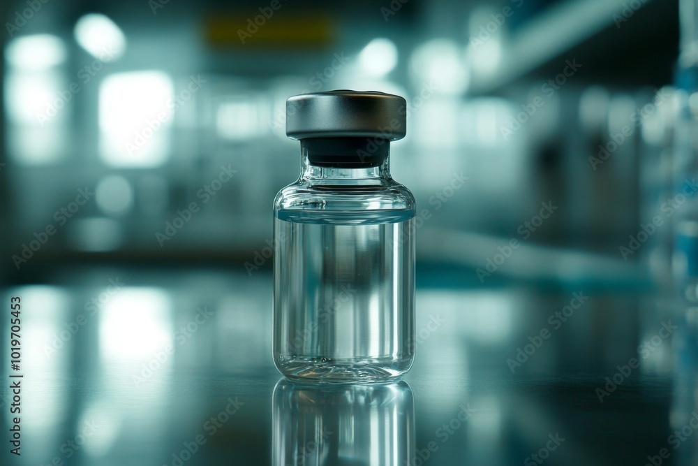 Glass Vial of Clear Liquid on a Reflective Surface Glass Vial of Clear Liquid on a Reflective Surface