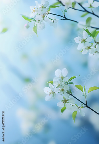 Softly blurred spring background, ideal for holiday-themed wallpapers Close up of tree branch with white blossoms 