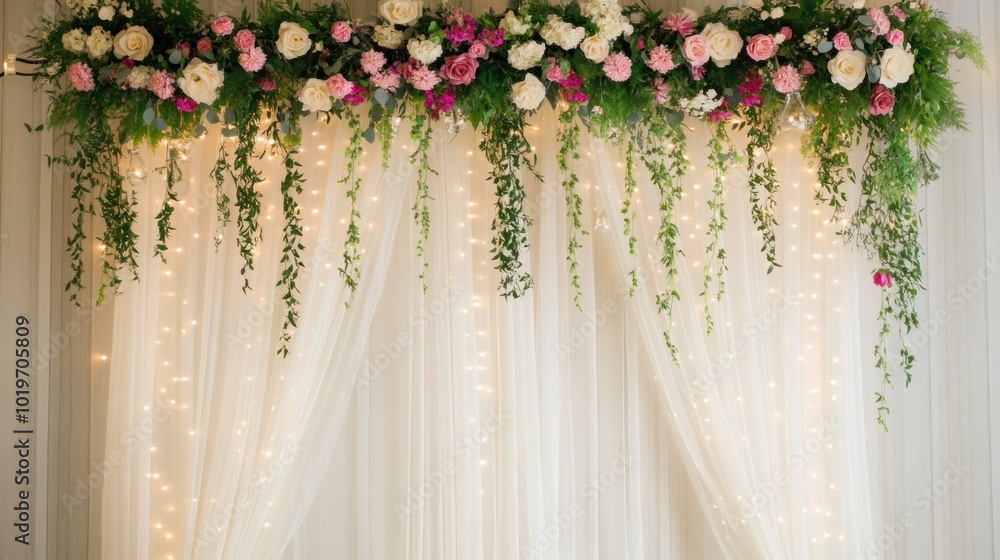 A floral backdrop adorned with lights, ideal for events and celebrations. A floral backdrop adorned with lights, ideal for events and celebrations.
