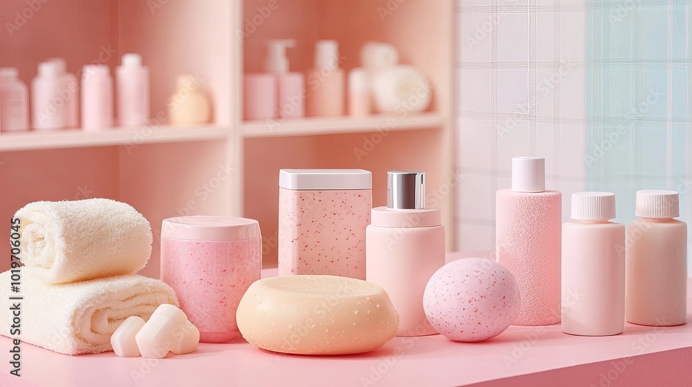 A variety of bath products displayed on a pink table A variety of bath products displayed on a pink table
