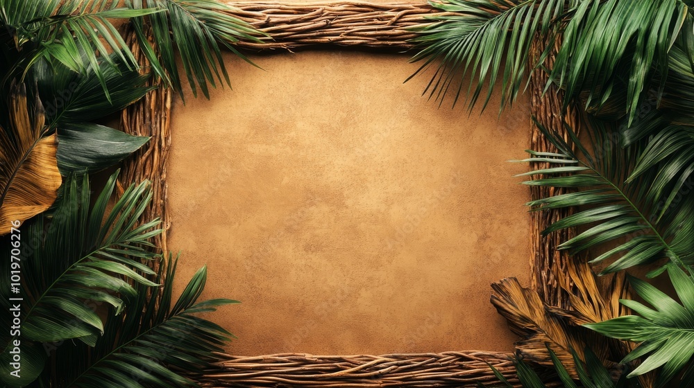 Tropical Leaf Frame with Brown Textured Background Tropical Leaf Frame with Brown Textured Background