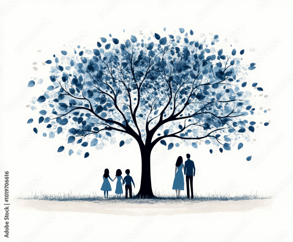 Graphic depicting a tree of life and a family standing under it. AI generative. Graphic depicting a tree of life and a family standing under it. AI generative.
