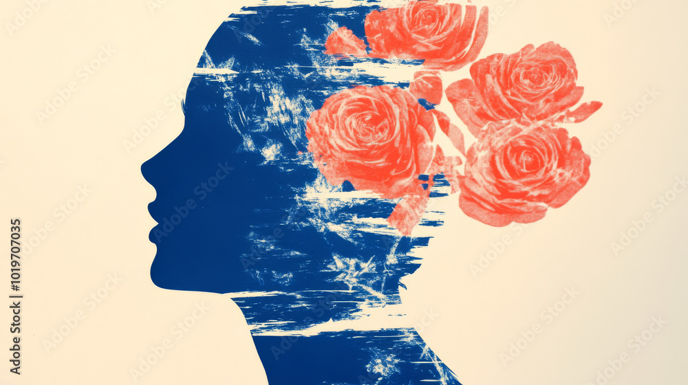 A blue silhouette of a woman's head with pink roses layered over it. A blue silhouette of a woman's head with pink roses layered over it.