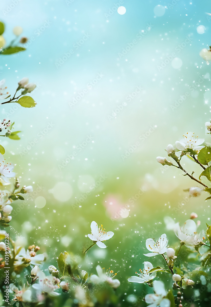 Obraz premium How beautifully white and yellow flowers are blooming it looks amazing surrounded by green nature open sky and shining sun. Copy space image. Place for adding text Cherry blossoms on pale blue backgro