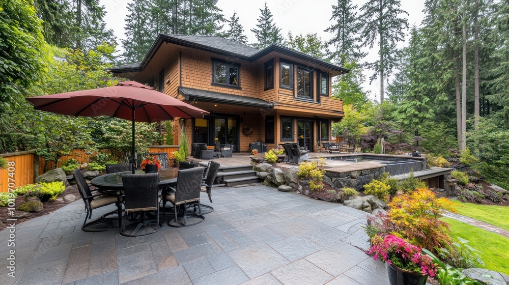 Obraz premium A serene backyard with a patio, dining area, and lush greenery.