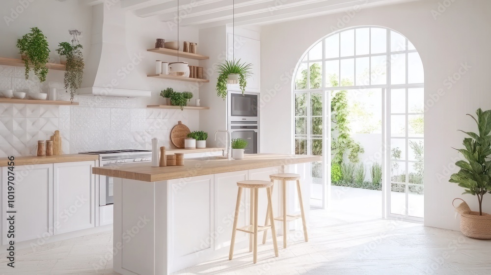 Fototapeta premium A bright, modern kitchen with wooden accents and plants, designed for cooking and dining.