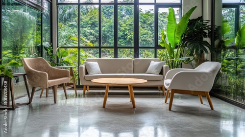 Modern lounge area with a sofa, chairs, and a coffee table, surrounded by greenery.