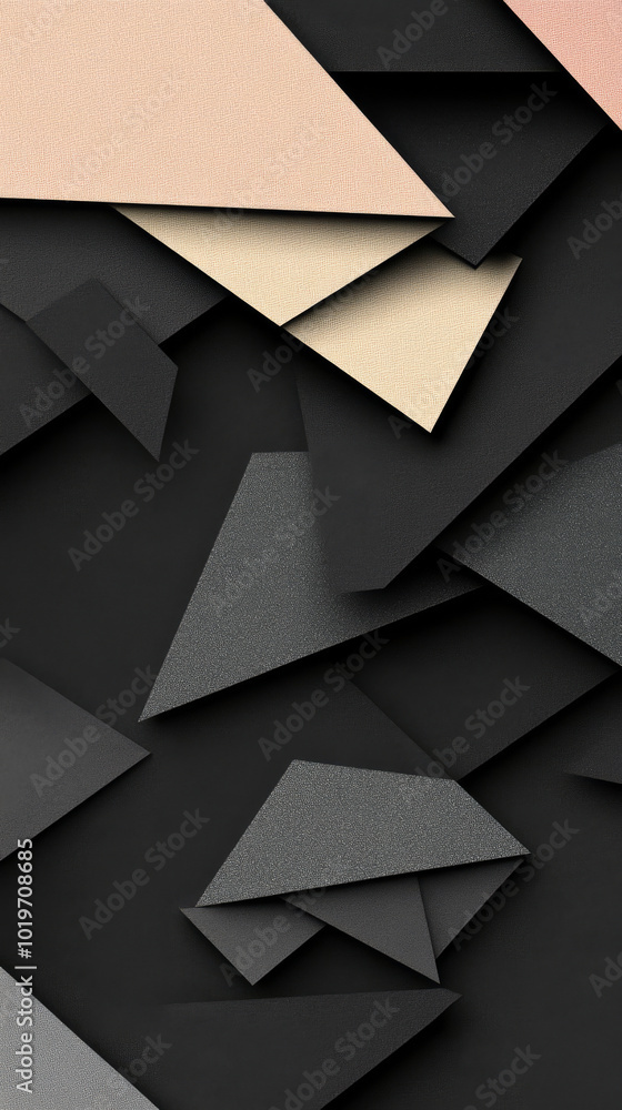 Abstract geometric pattern with black, grey, and cream triangles. Abstract geometric pattern with black, grey, and cream triangles.
